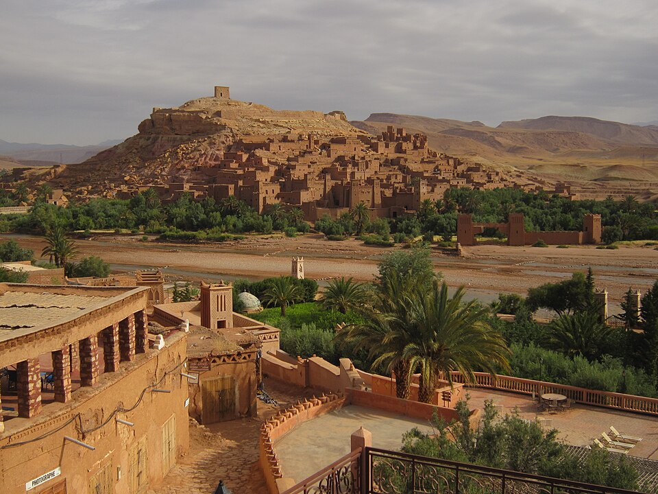 Panoramic view of Aït Benhaddou and its oasis in Morocco