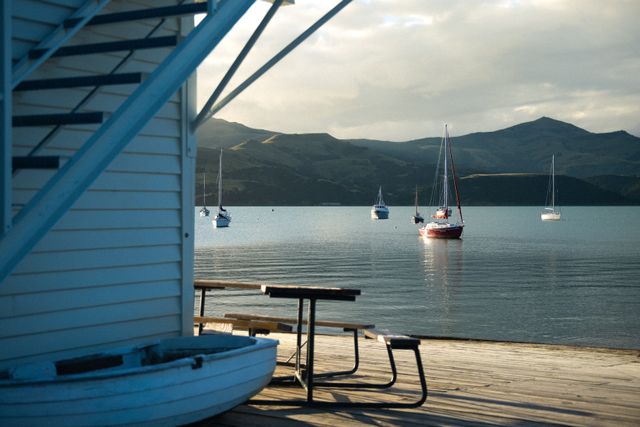 Boats anchored in Akaroa Harbour New Zealand