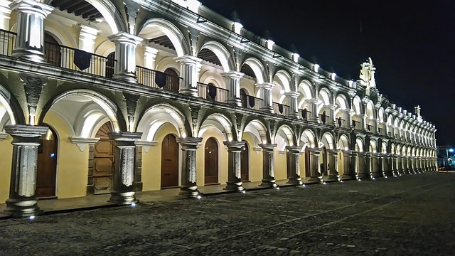 Illuminated colonial arcade in Antigua Guatemala