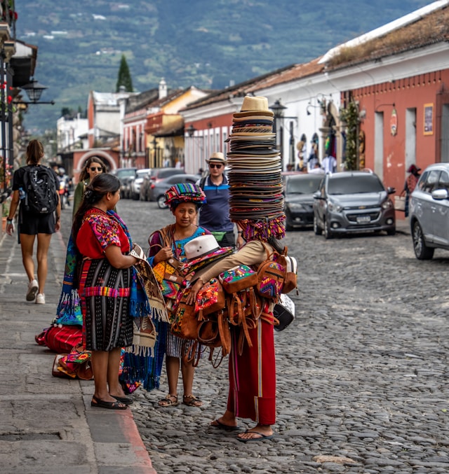 People wearing traditional clothing in Antigua Guatemala