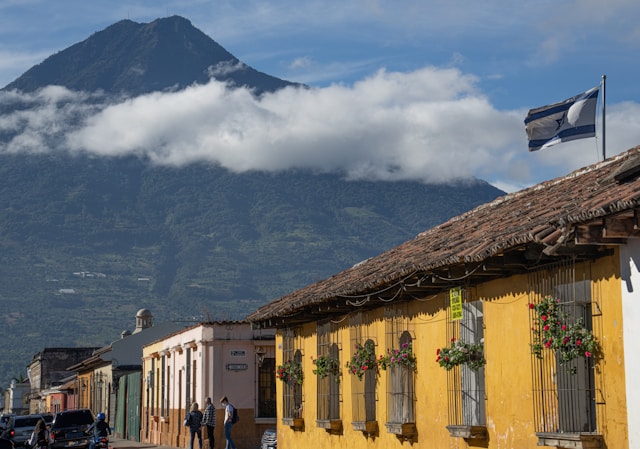 Colonial street with Volcán de Agua in Antigua Guatemala