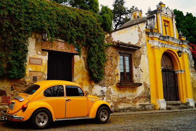 Yellow colonial street in Antigua Guatemala