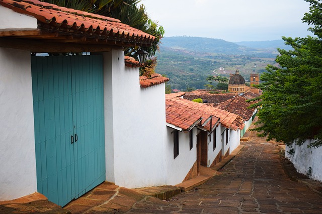 Cobblestone street overlooking the rooftops of Barichara Colombia