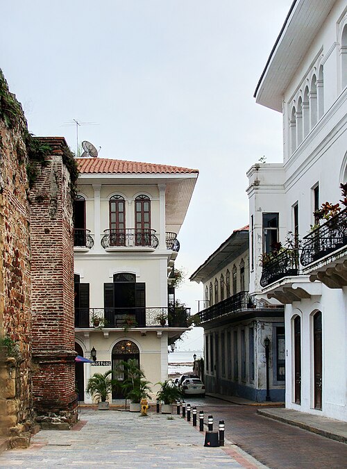 Historic street in Casco Viejo Panama lined with colonial buildings
