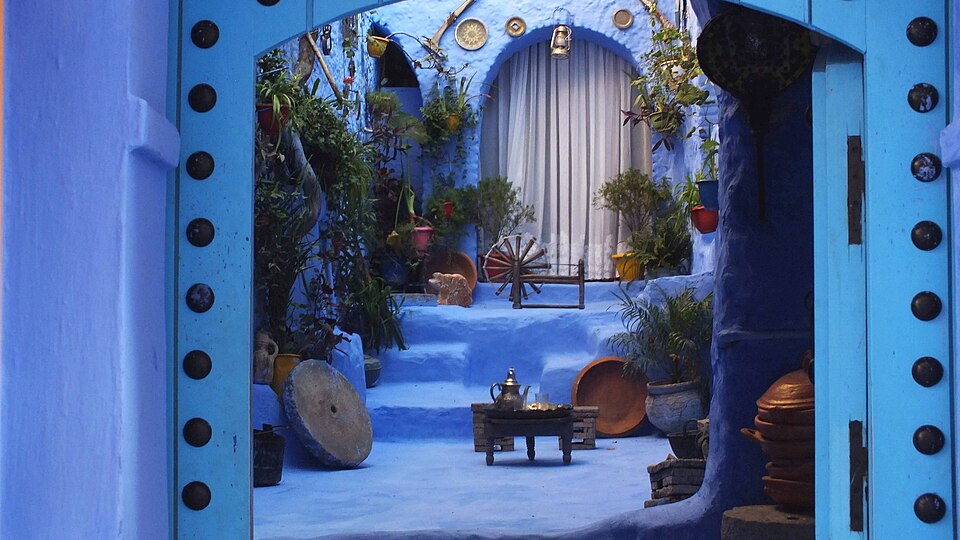 Traditional blue courtyard in Chefchaouen Morocco