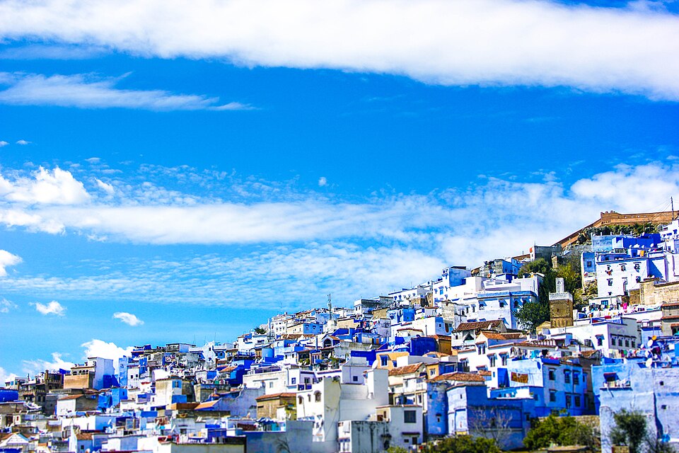 Panoramic view of Chefchaouen's blue-painted buildings in Morocco