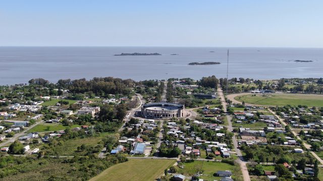 Aerial view of Colonia del Sacramento showing the historic quarter, coastline, and Plaza de Toros