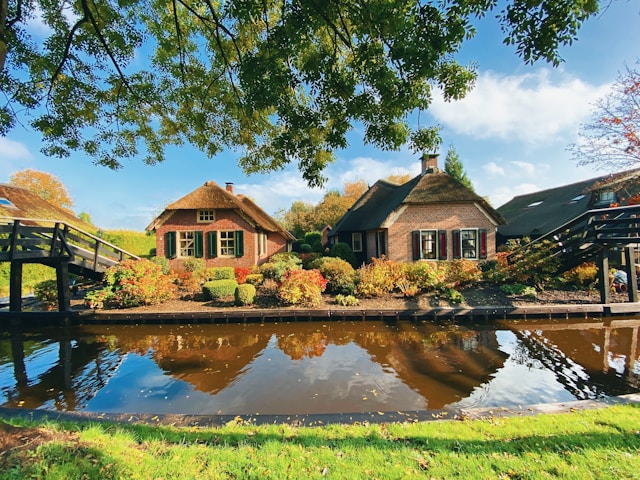 Traditional canal-side cottages in Giethoorn Netherlands