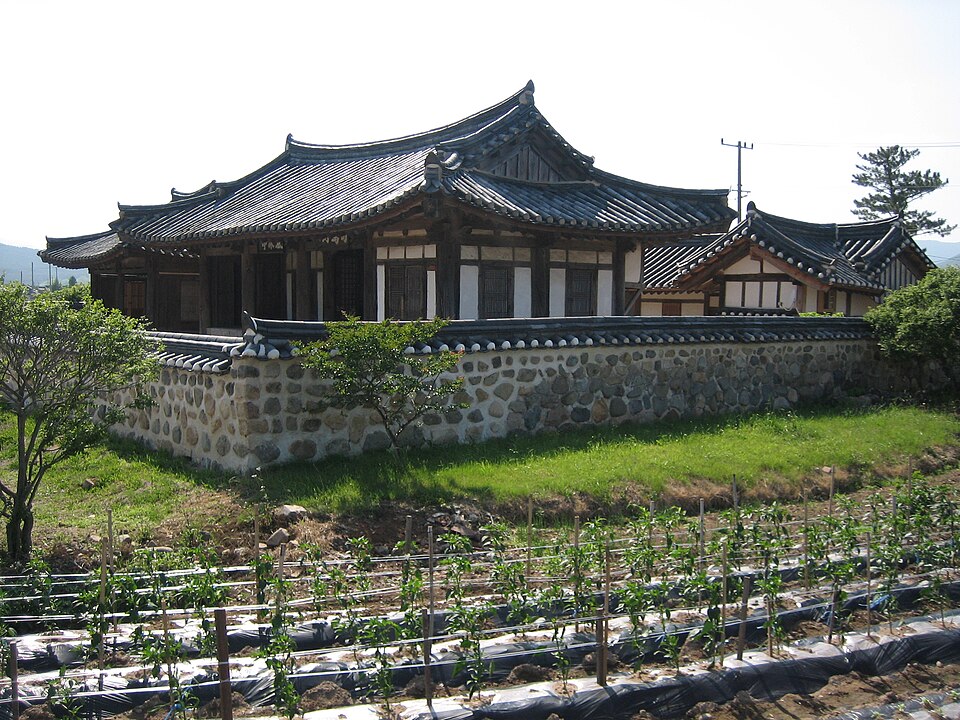 Traditional hanok home and vegetable fields