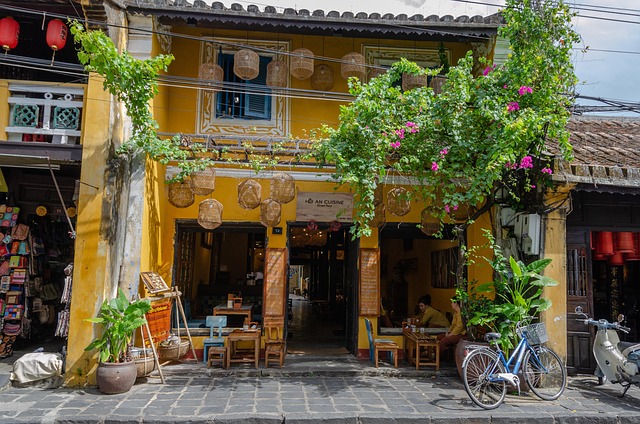 Bicycle parked outside a café in Hoi An Vietnam