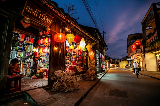 Lantern-lit street at night in Hoi An Vietnam