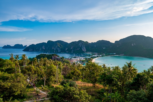 Places Unveiled travel blog — aerial view of Koh Phi Phi bay in Thailand