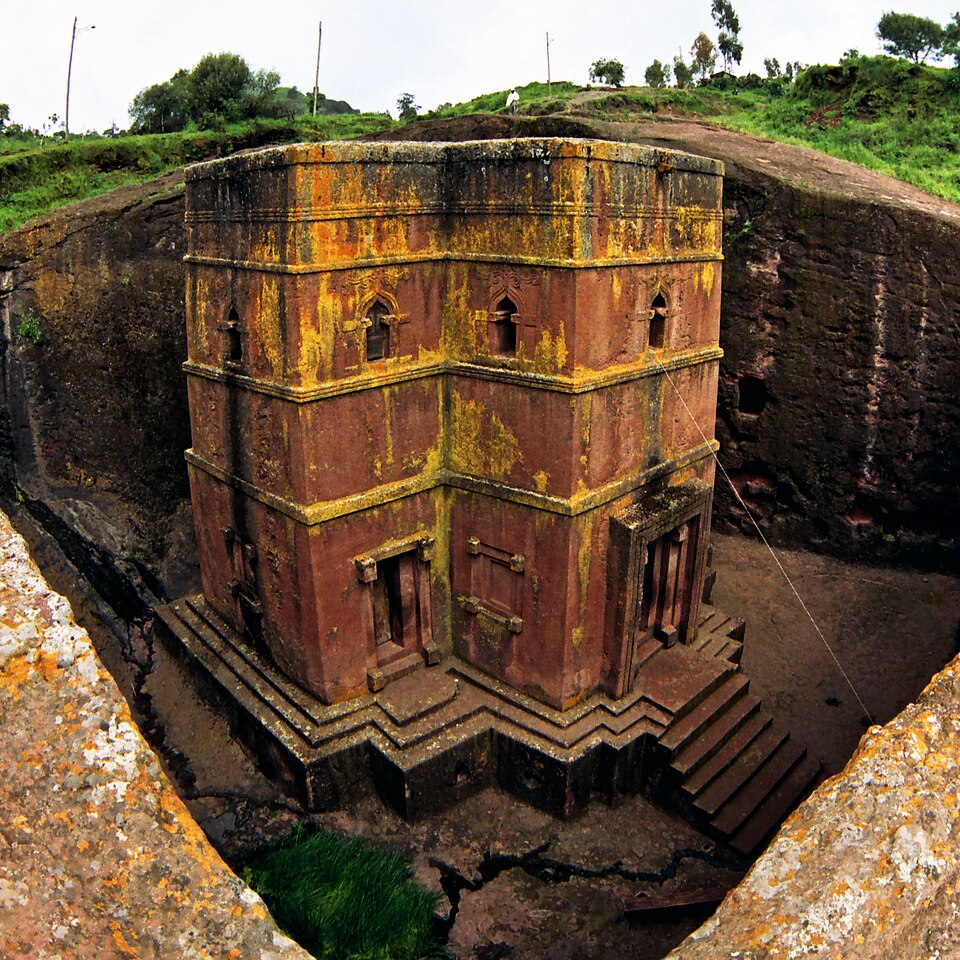 Close-up view of Bete Giyorgis church carved into volcanic rock in Lalibela, Ethiopia