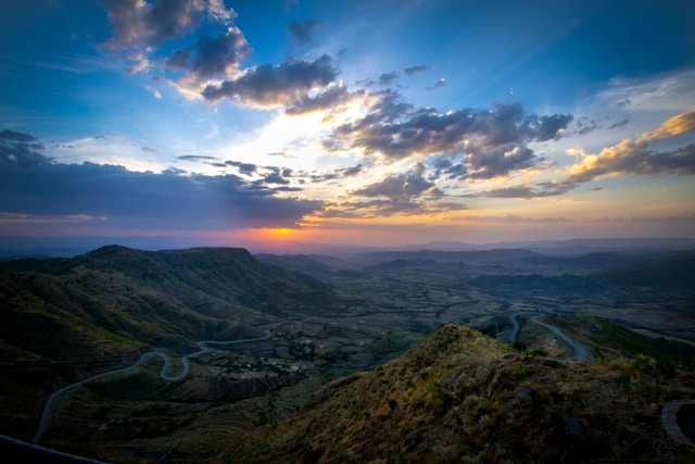 Green and brown mountain landscape of the Ethiopian Highlands near Lalibela