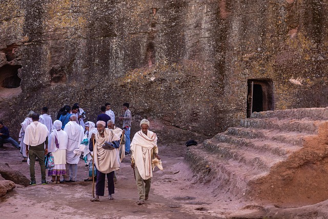 Ethiopian Orthodox Christian pilgrims in white robes gathered at Lalibela