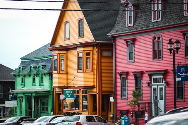 Colorful storefronts and historic buildings in downtown Lunenburg Nova Scotia Canada