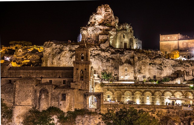 Historic rock church carved into the limestone cliffs of Matera