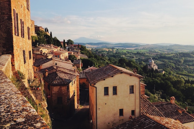 Montepulciano, Italy hill town with terracotta rooftops and Tuscan countryside views