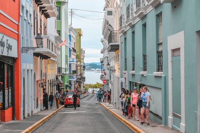 Colorful street descending toward San Juan Bay
