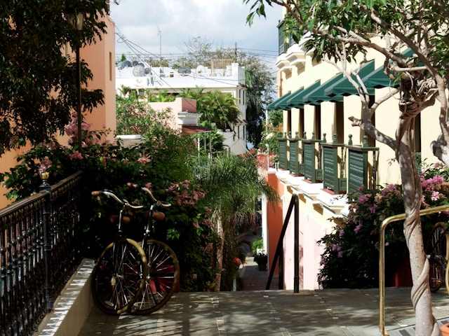 Flower-lined passageway with bicycle in Old San Juan