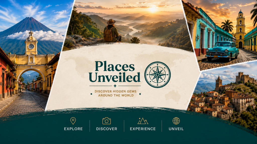 Places Unveiled travel blog banner featuring hidden gem destinations and a vintage compass logo