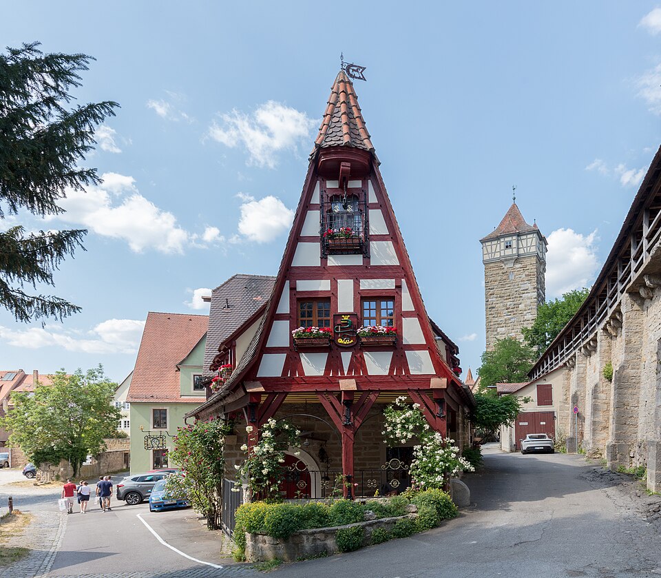 The Gerlachschmiede half-timbered blacksmith house with its pointed roof in Rothenburg ob der Tauber