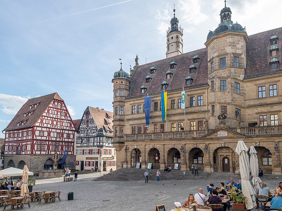 The Marktplatz with the Town Hall and half-timbered houses in Rothenburg ob der Tauber