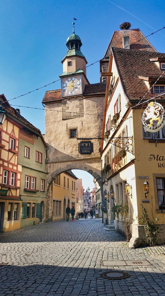 The Markusturm and Röderbogen arch in Rothenburg ob der Tauber with colorful half-timbered houses