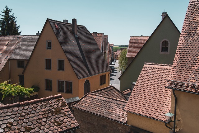 View over the red tiled rooftops of Rothenburg ob der Tauber toward the countryside