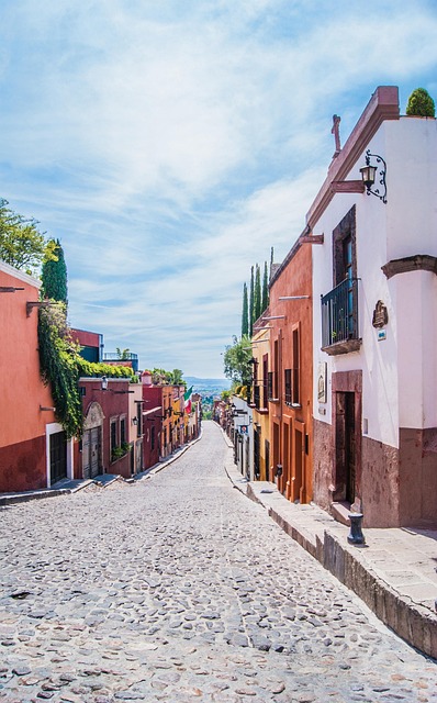 Cobblestone street lined with colonial buildings