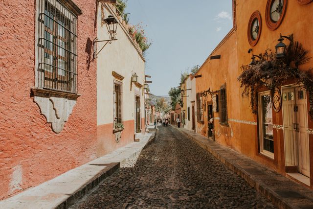 Colorful colonial houses on a sloping street