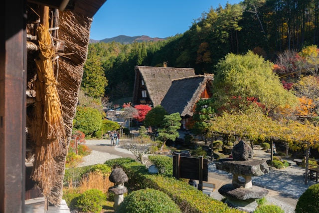 Traditional gassho-zukuri houses surrounded by landscaped gardens in Shirakawa-go Japan