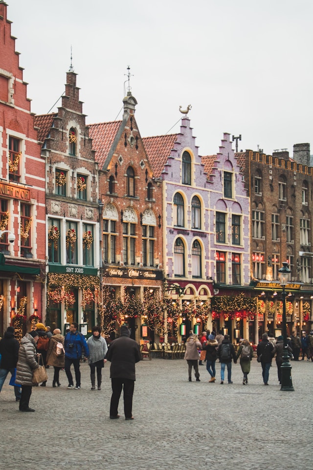 Colorful gabled buildings decorated with lights on the Markt square