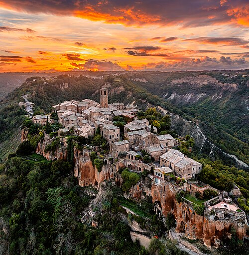 An aerial view of Civita di Bagnoregio at sunset