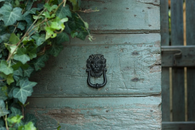 A weathered green door with an iron lion head knocker