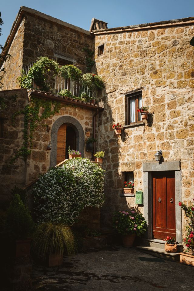 A stone house corner with an arched wooden doorway and ivy