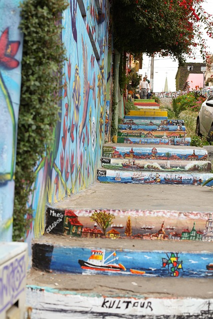 Stair risers hand-painted with tiny scenes of boats and old houses