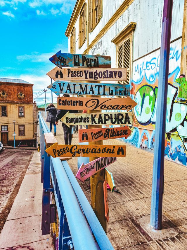 A wooden signpost with hand-painted arrows pointing toward local landmarks