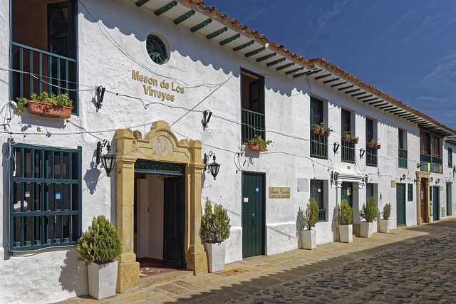 Whitewashed colonial facade of Meson de Los Virreyes in Villa de Leyva
