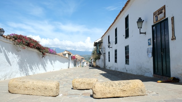 Cobblestone street with carved stone monoliths and colonial buildings in Villa de Leyva