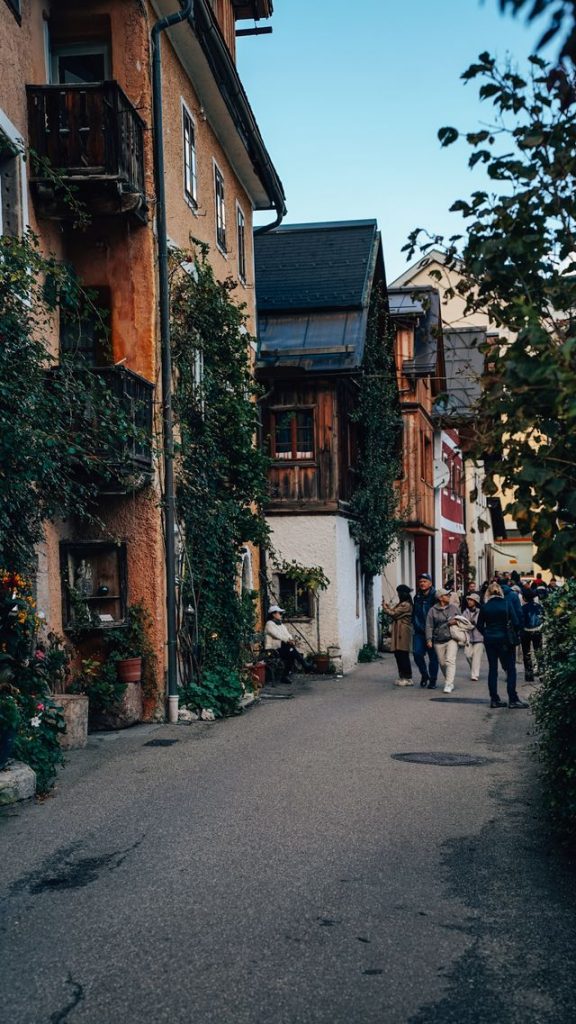 A narrow alley lined with vine covered historic houses in Hallstatt