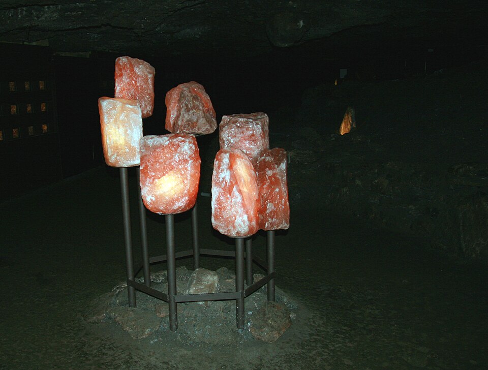 Illuminated halite salt crystals displayed inside Hallstatt's saltmine