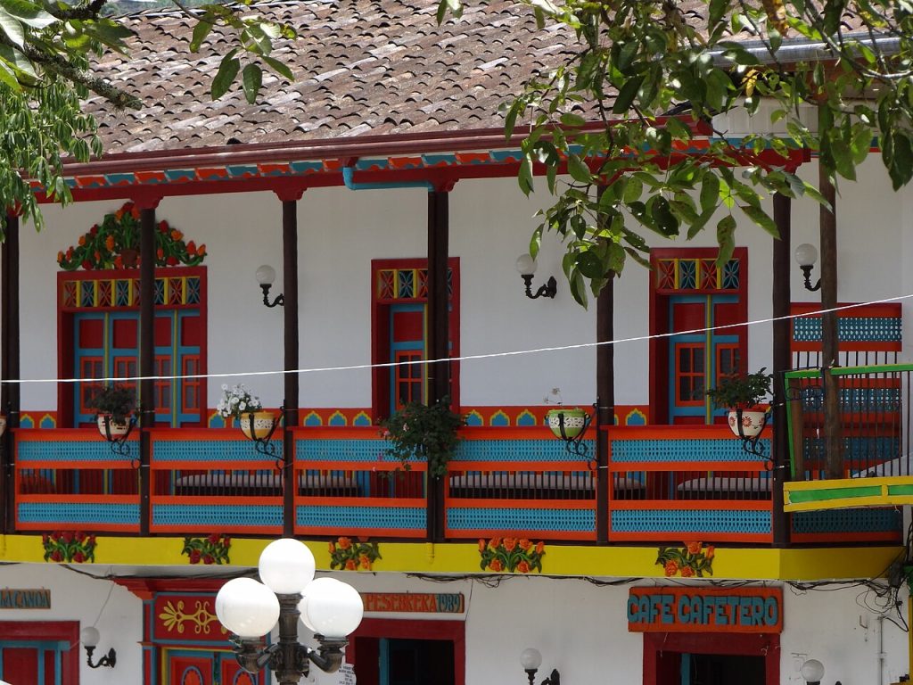 A traditional Antioquian house with red and green woodwork in Jardín Colombia