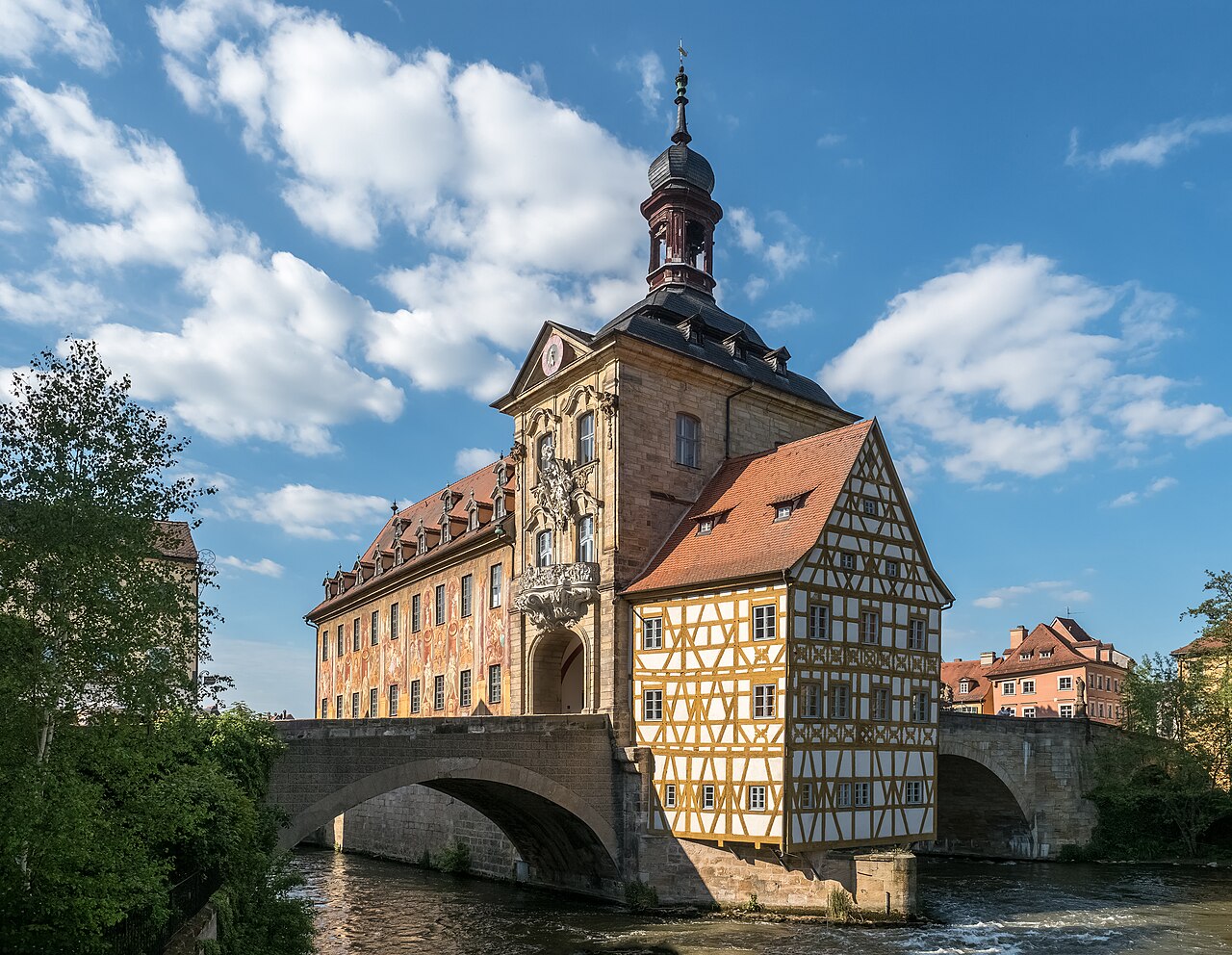 Painted Old Town Hall of Bamberg Germany standing on a bridge over the Regnitz