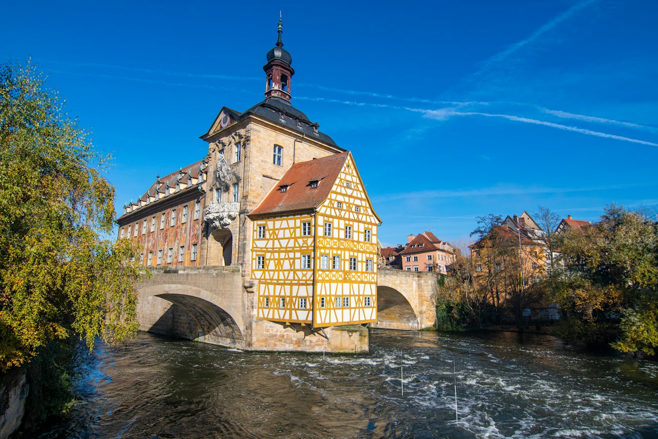Historic building on a bridge over the river