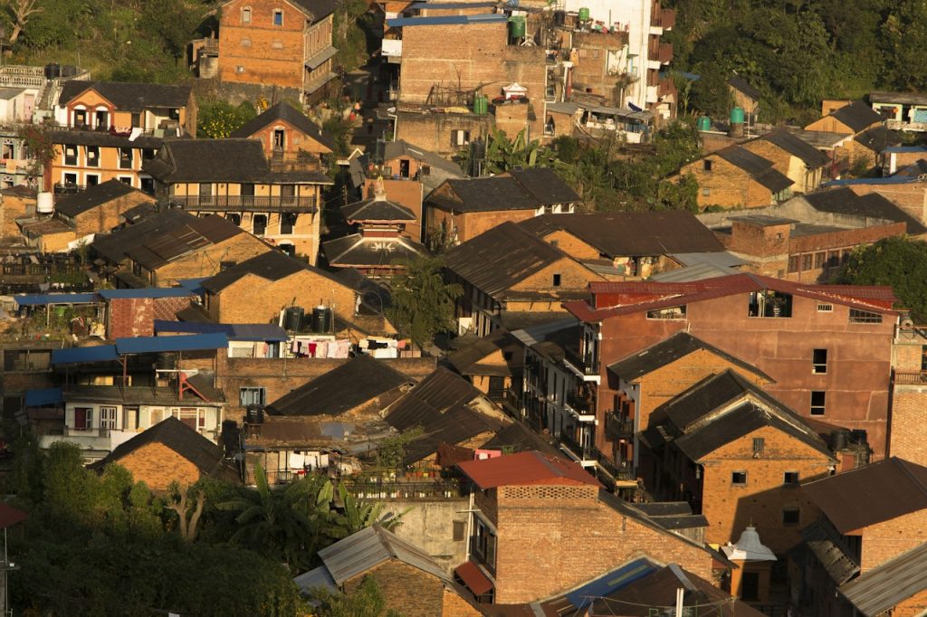 Bandipur Nepal Newar houses glowing in golden evening light