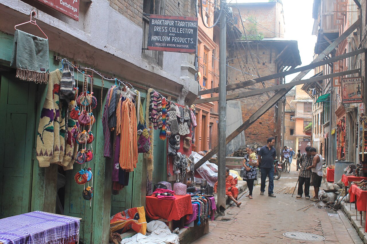 Narrow brick street with traditional houses in Bhaktapur Nepal