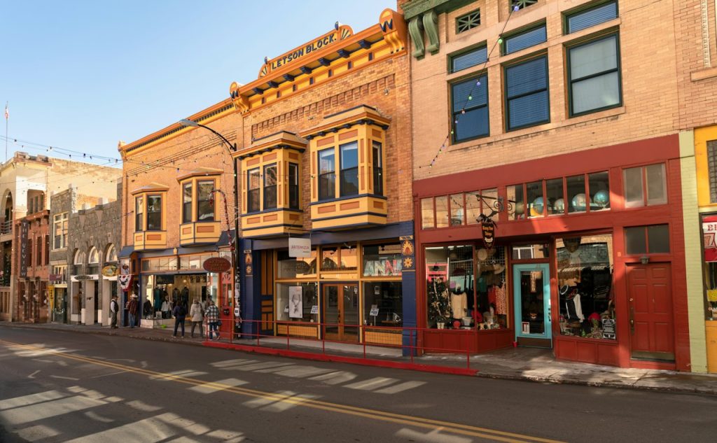 Row of colorful historic storefronts on Main Street