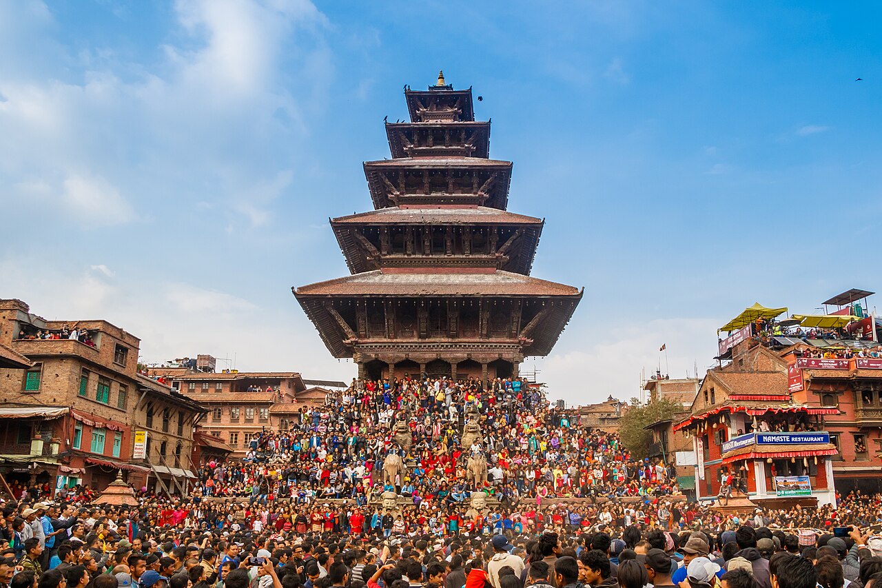 Crowds gathering at Nyatapola temple for the Bisket Jatra festival
