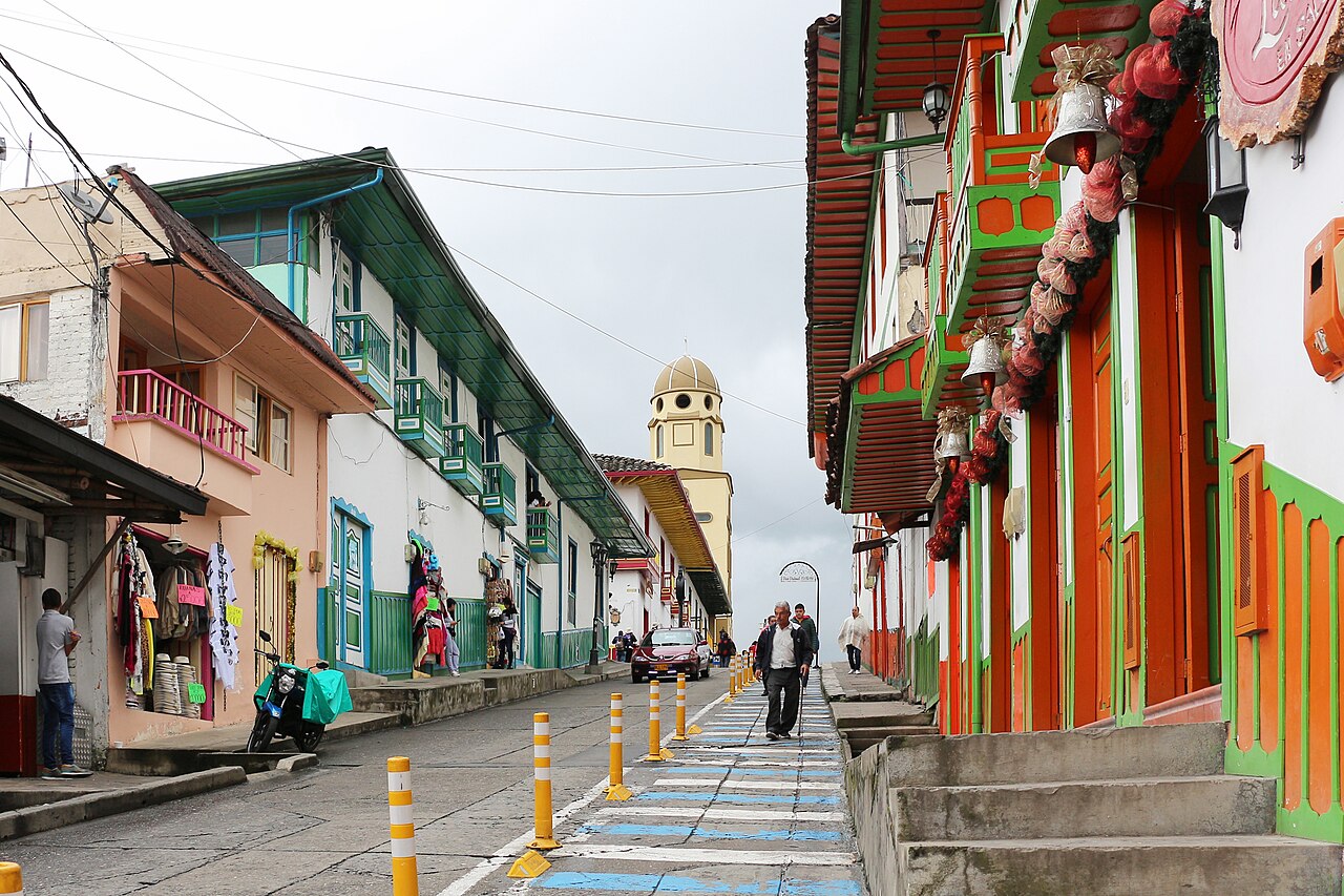 Street lined with bright balconies and shops